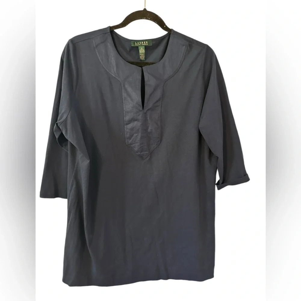 Lauren Ralph Lauren Navy Blue V Neck Top/Tunic 3/4 sleeves Size 1X Lightweight‎